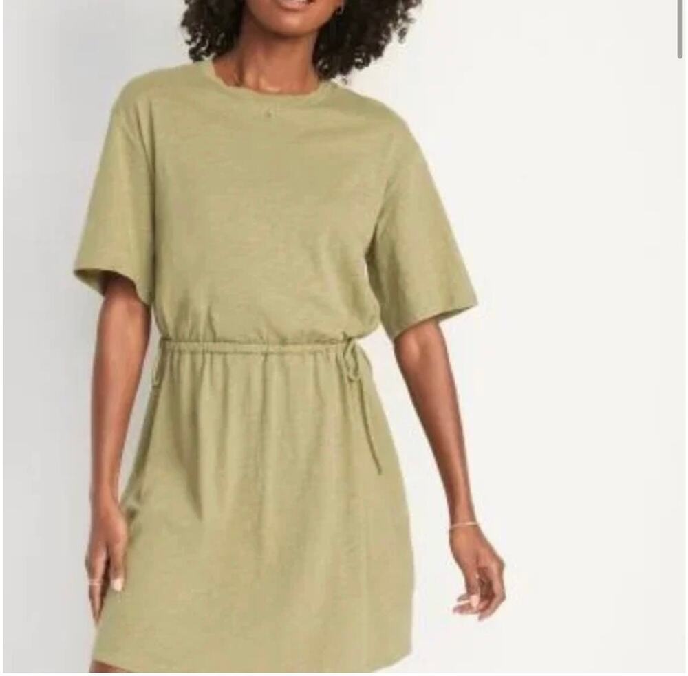 Old Navy Olive Green Tie Waist T-Shirt Dress Casual Short Sleeve Midi Size Large